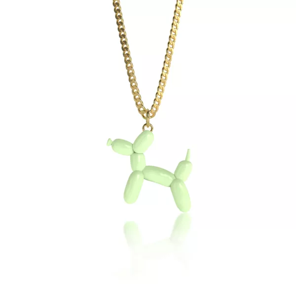 Collar con cadena minimalista en oro dorado de 24K y figura de perrito de bomba verde menta. 